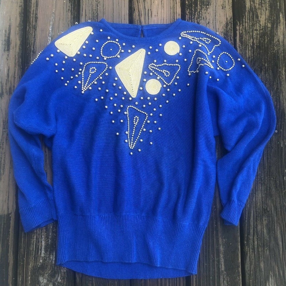 Royal Blue Sweater Sz L XL Gold Beaded Rope Embroidery Vintage 80s The Goldbergs